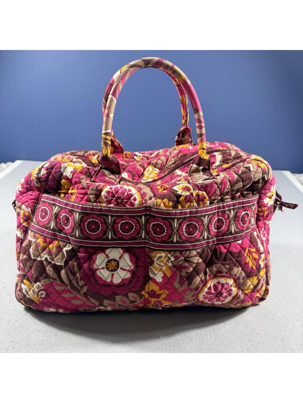 Vera Bradley Pink Brown Floral Quilted Weekender Duffel Travel Bag